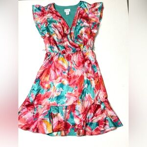 Nicole Miller Teal Floral V-Neck Wrap Dress With Ruffle Hem Size Medium